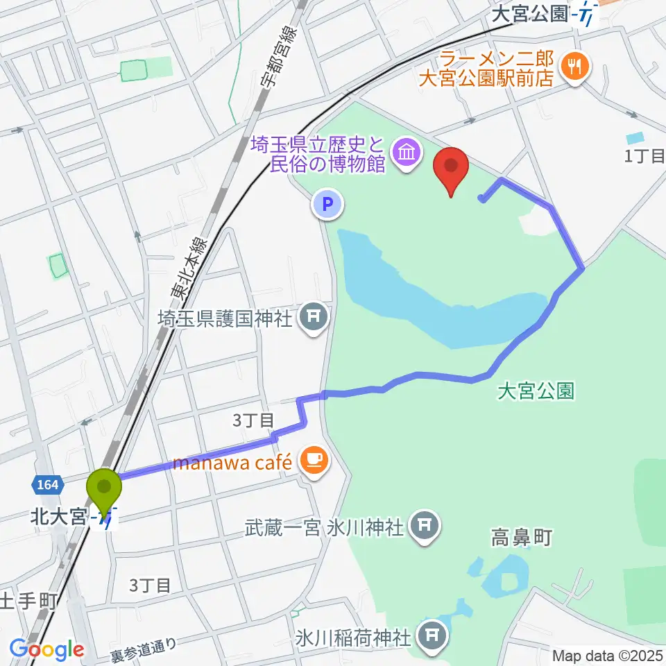 北大宮駅から埼玉県立歴史と民俗の博物館へのルートマップ地図