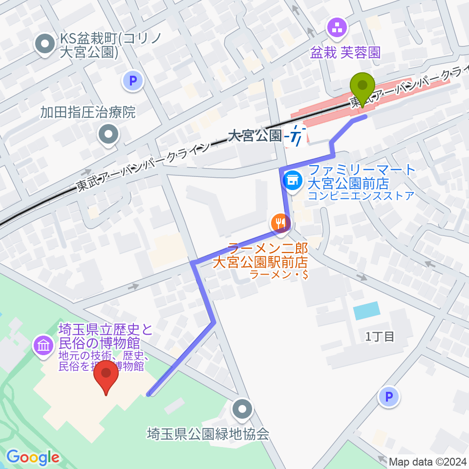 埼玉県立歴史と民俗の博物館の最寄駅大宮公園駅からの徒歩ルート（約6分）地図