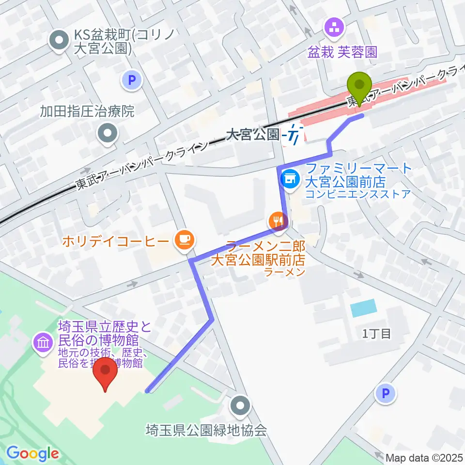 埼玉県立歴史と民俗の博物館の最寄駅大宮公園駅からの徒歩ルート（約6分）地図