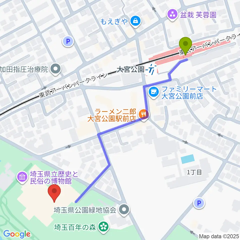 埼玉県立歴史と民俗の博物館の最寄駅大宮公園駅からの徒歩ルート（約6分）地図