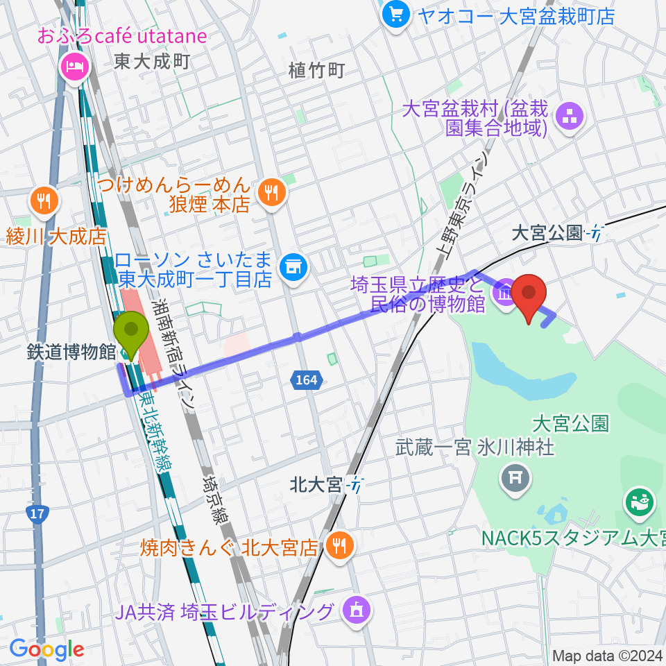 鉄道博物館駅から埼玉県立歴史と民俗の博物館へのルートマップ地図