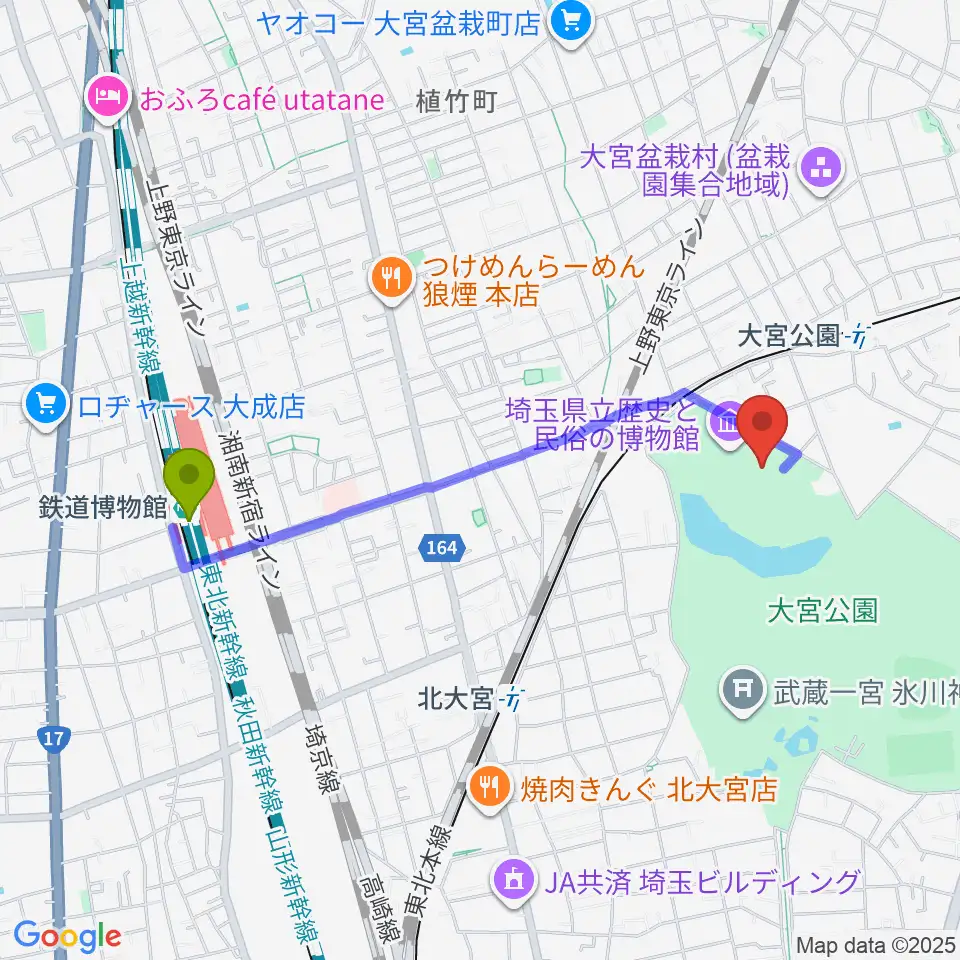 鉄道博物館駅から埼玉県立歴史と民俗の博物館へのルートマップ地図