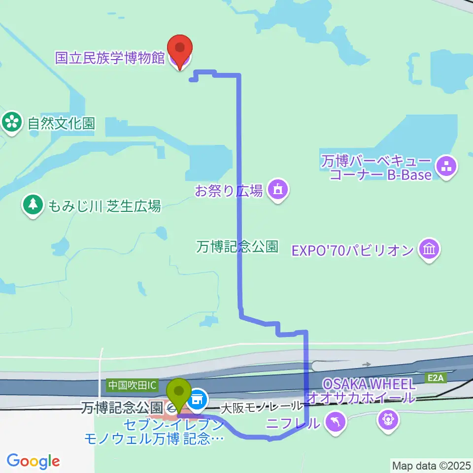 万博記念公園駅から国立民族学博物館へのルートマップ地図