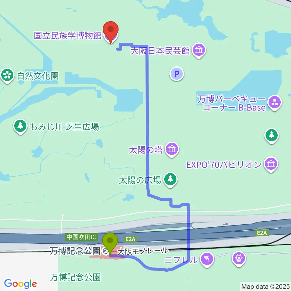 万博記念公園駅から国立民族学博物館へのルートマップ地図