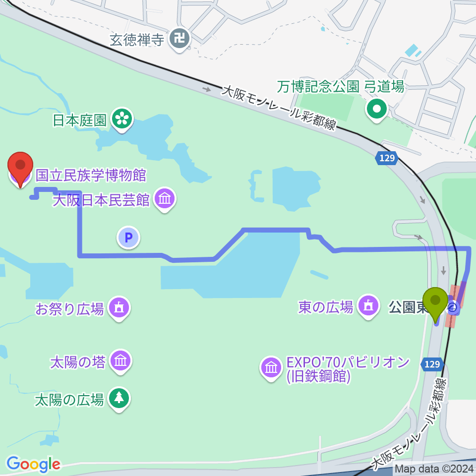 公園東口駅から国立民族学博物館へのルートマップ地図