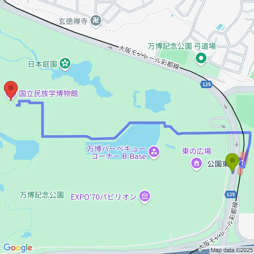 公園東口駅から国立民族学博物館へのルートマップ地図