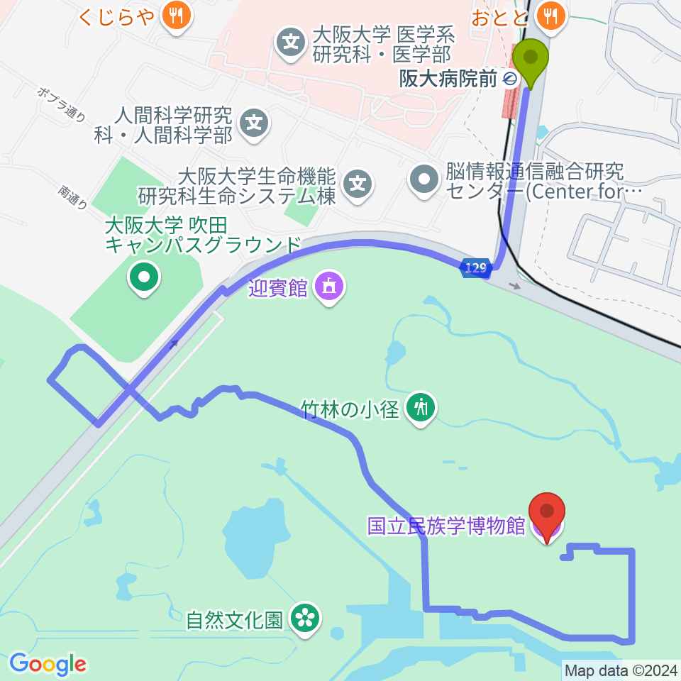 国立民族学博物館の最寄駅阪大病院前駅からの徒歩ルート（約10分）地図