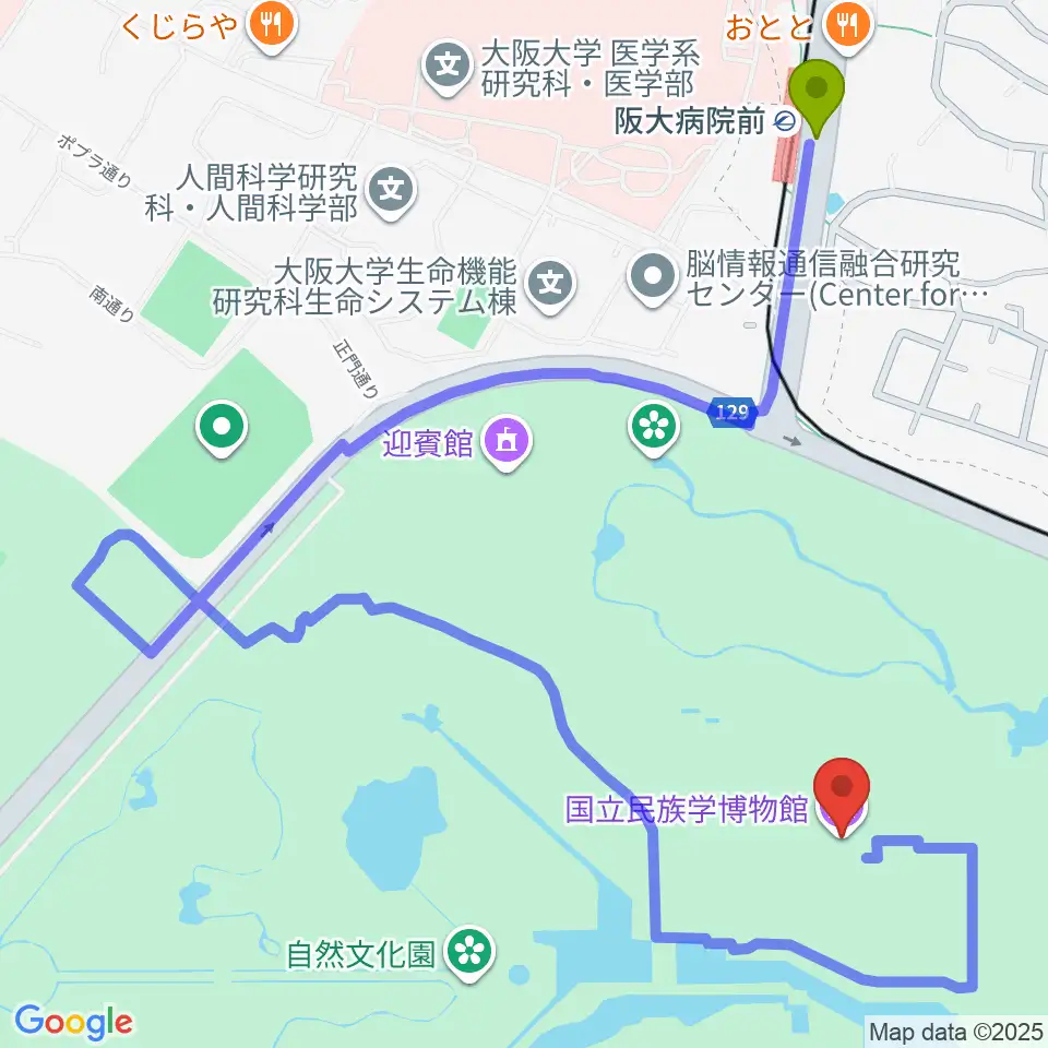 国立民族学博物館の最寄駅阪大病院前駅からの徒歩ルート（約10分）地図