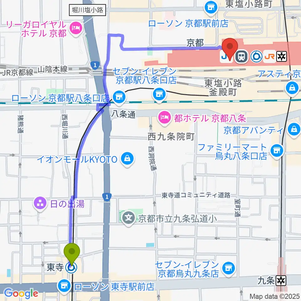 東寺駅から美術館「えき」KYOTOへのルートマップ地図