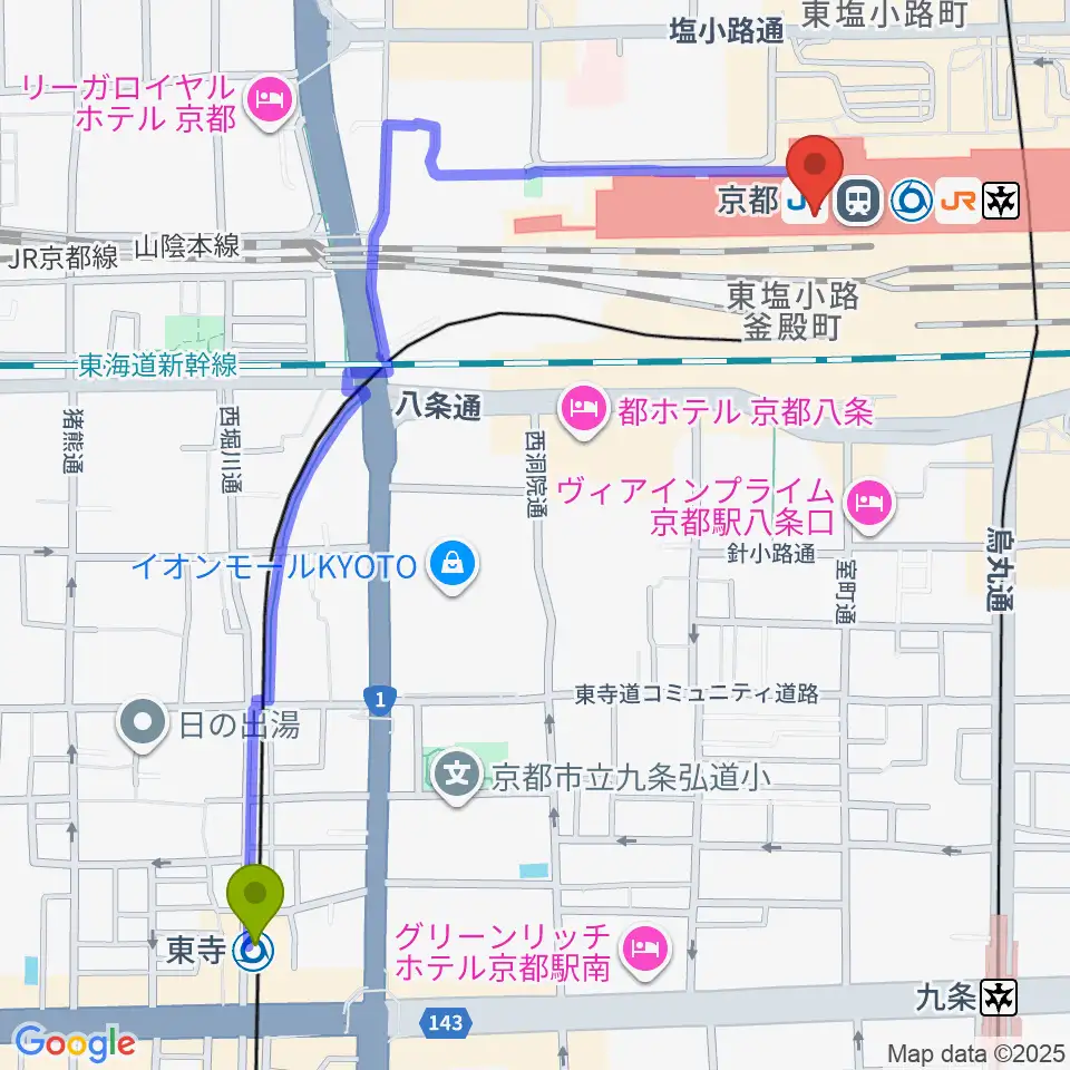 東寺駅から美術館「えき」KYOTOへのルートマップ地図