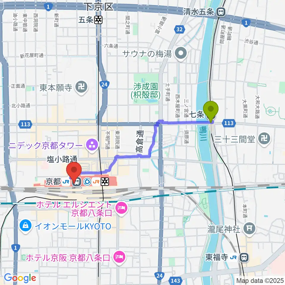 七条駅から美術館「えき」KYOTOへのルートマップ地図