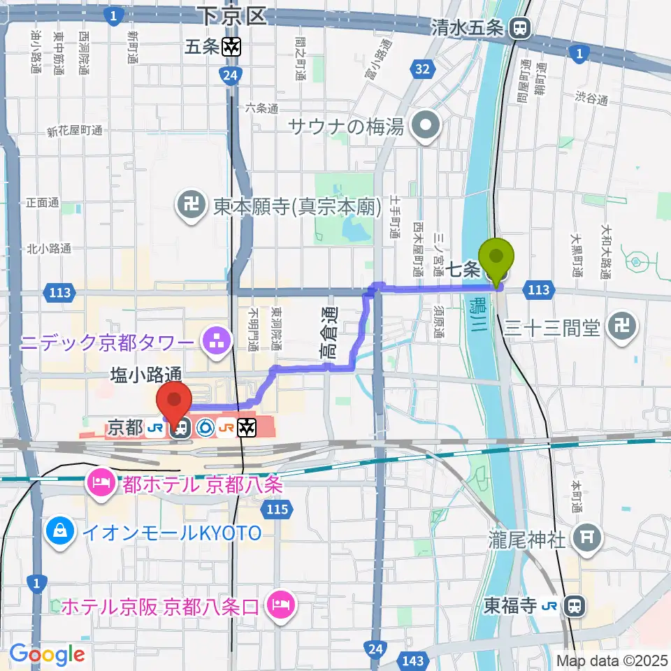 七条駅から美術館「えき」KYOTOへのルートマップ地図