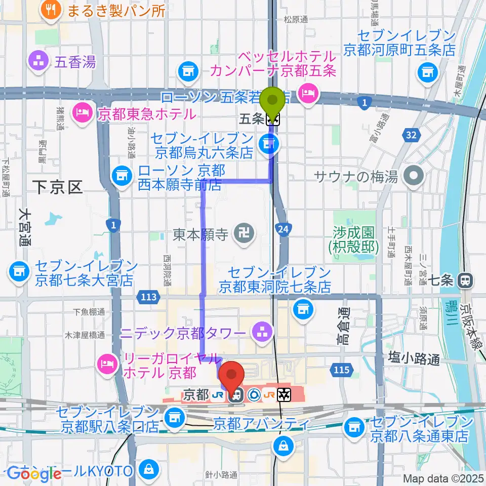 五条駅から美術館「えき」KYOTOへのルートマップ地図