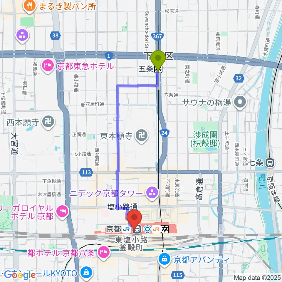 五条駅から美術館「えき」KYOTOへのルートマップ地図