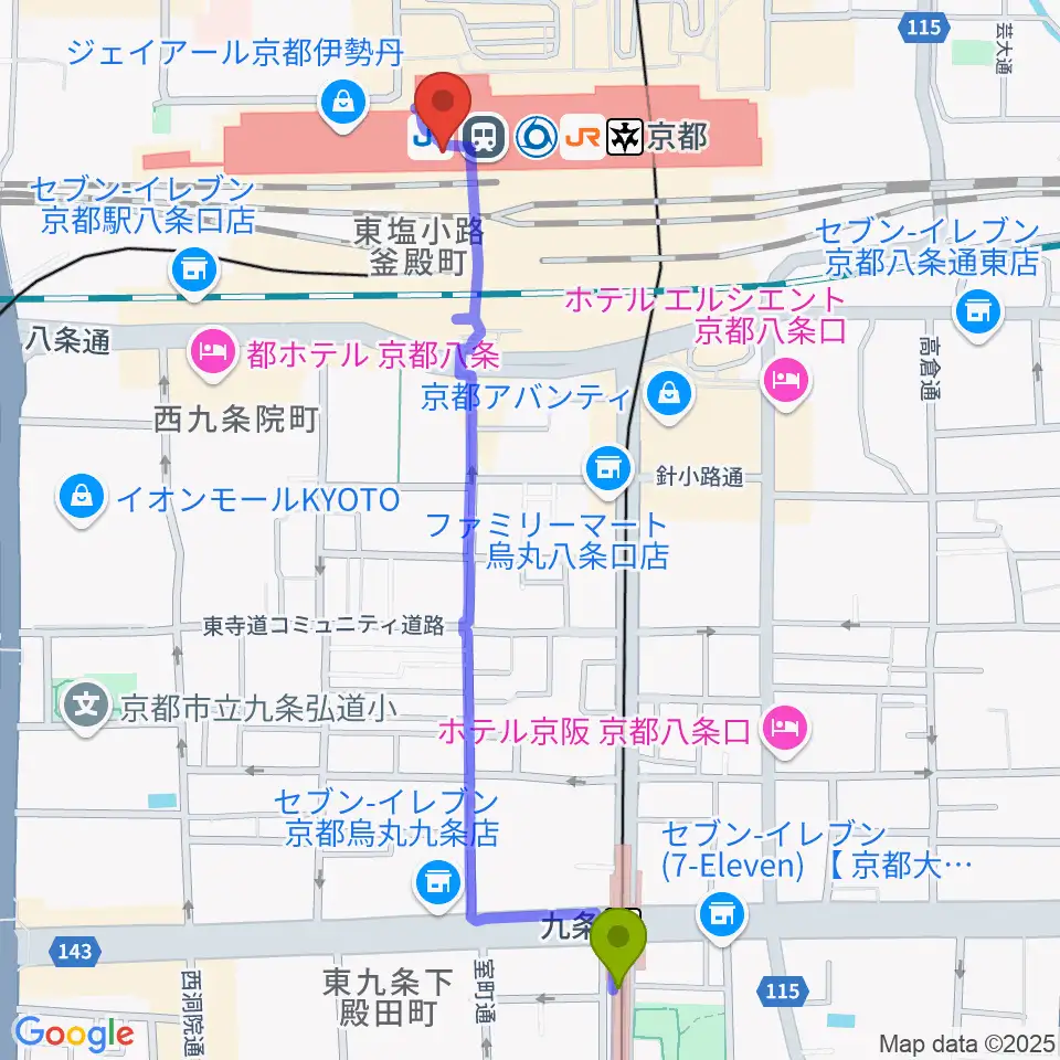 九条駅から美術館「えき」KYOTOへのルートマップ地図