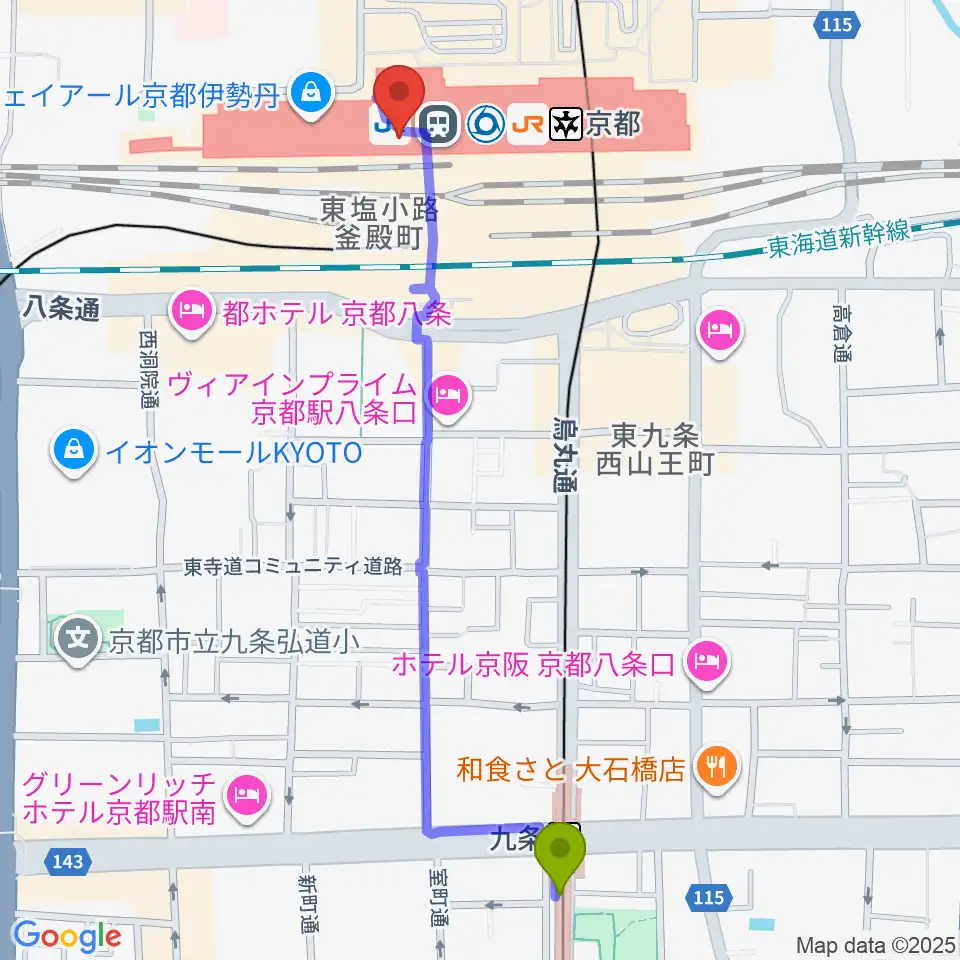 九条駅から美術館「えき」KYOTOへのルートマップ地図