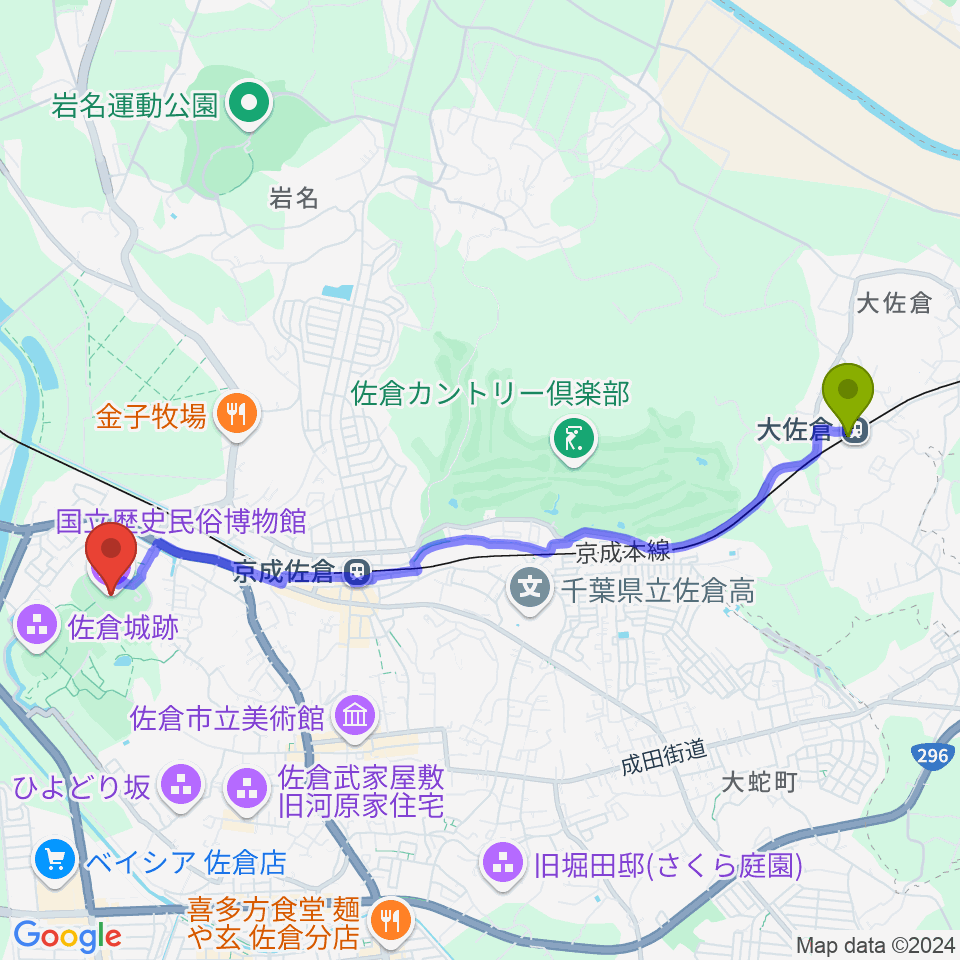 大佐倉駅から国立歴史民俗博物館へのルートマップ地図