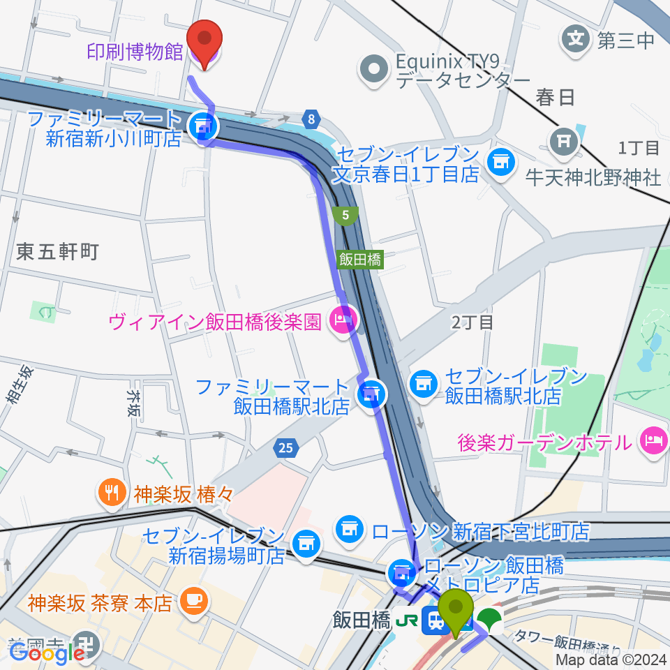 飯田橋駅から印刷博物館へのルートマップ地図