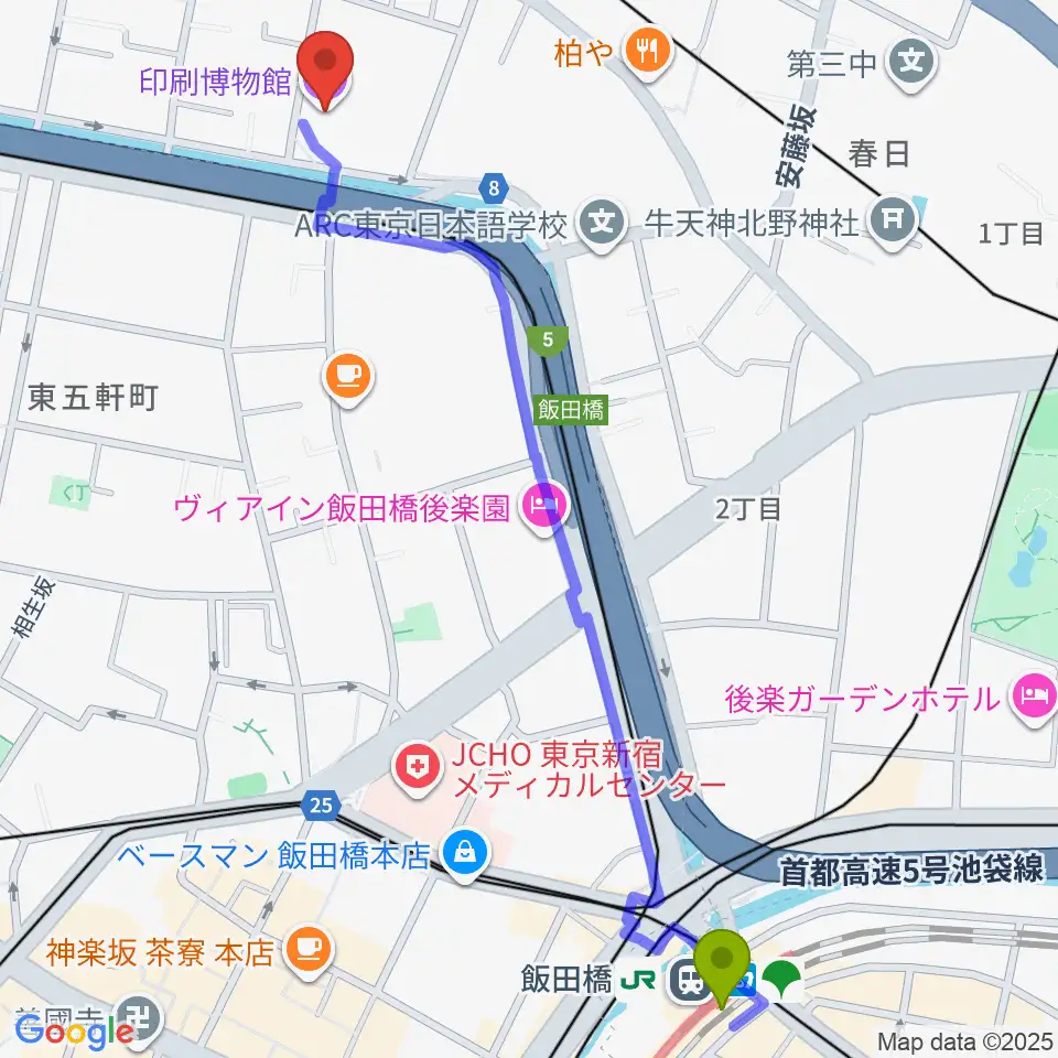 飯田橋駅から印刷博物館へのルートマップ地図