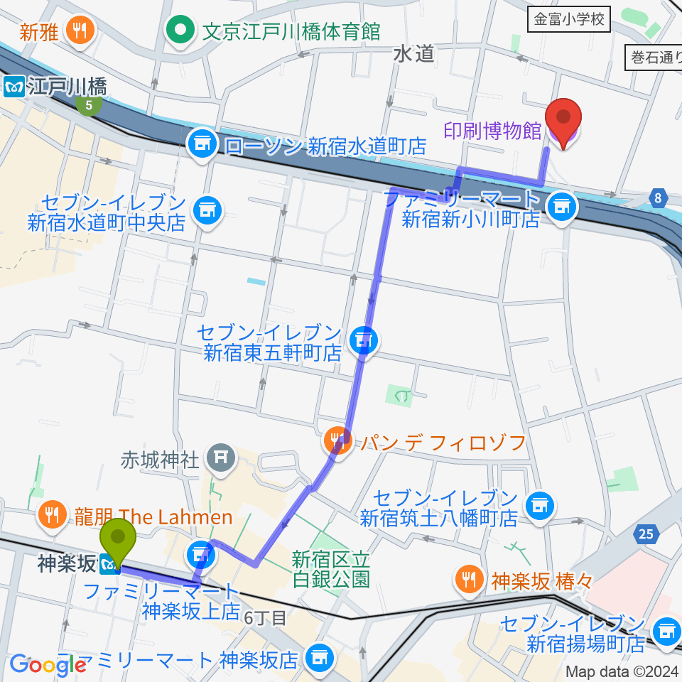 神楽坂駅から印刷博物館へのルートマップ地図