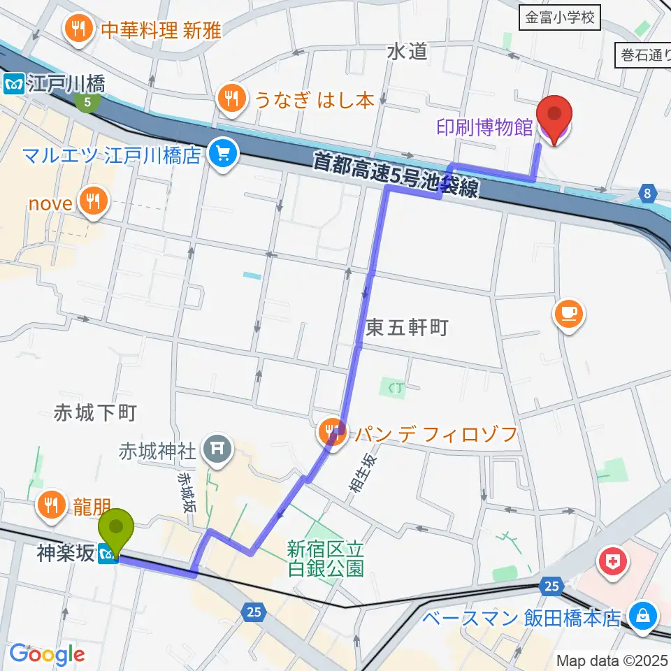 神楽坂駅から印刷博物館へのルートマップ地図