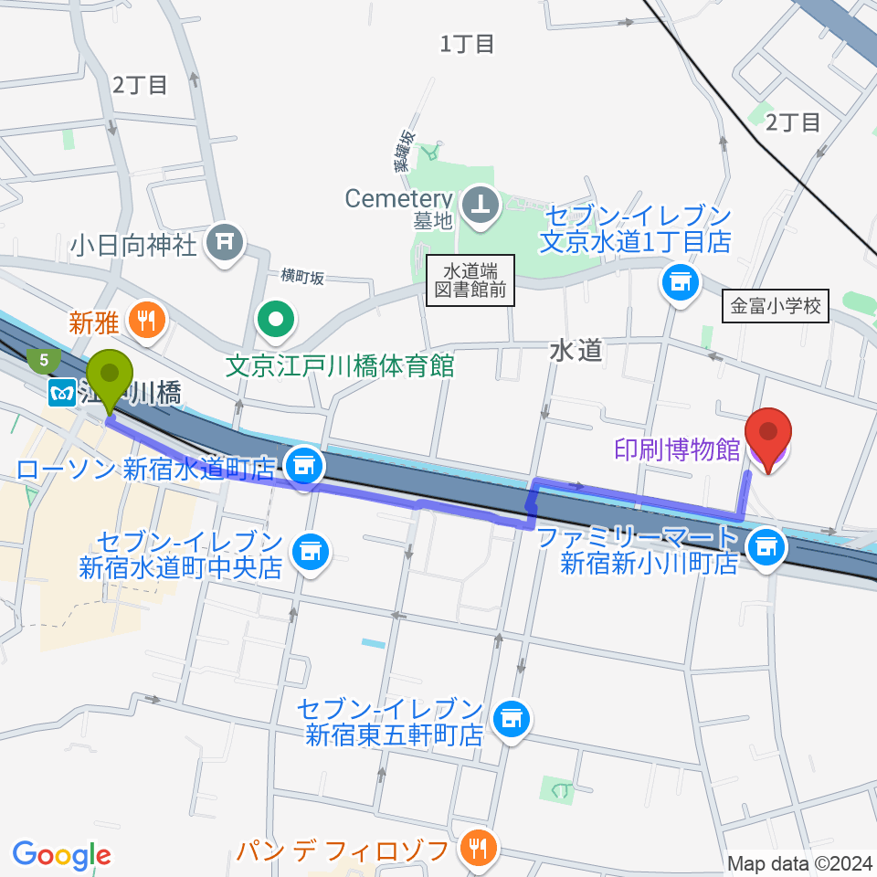 印刷博物館の最寄駅江戸川橋駅からの徒歩ルート（約12分）地図