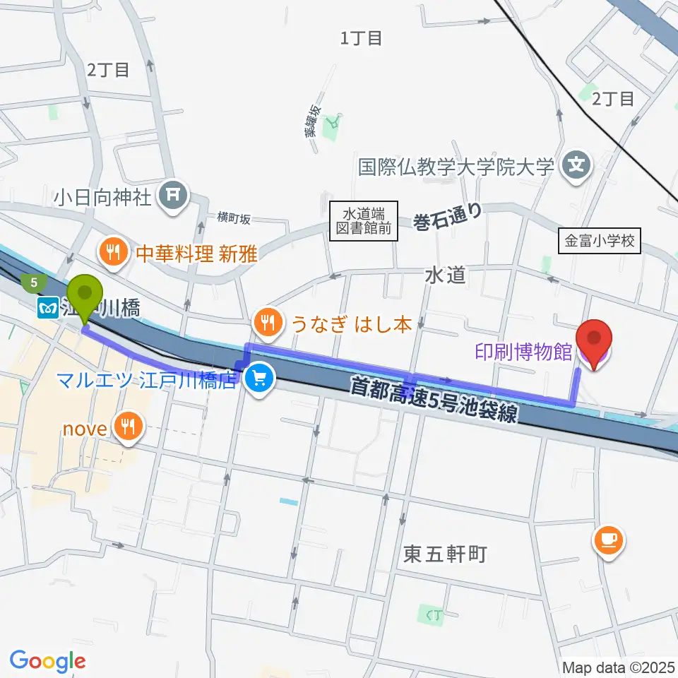 印刷博物館の最寄駅江戸川橋駅からの徒歩ルート（約12分）地図