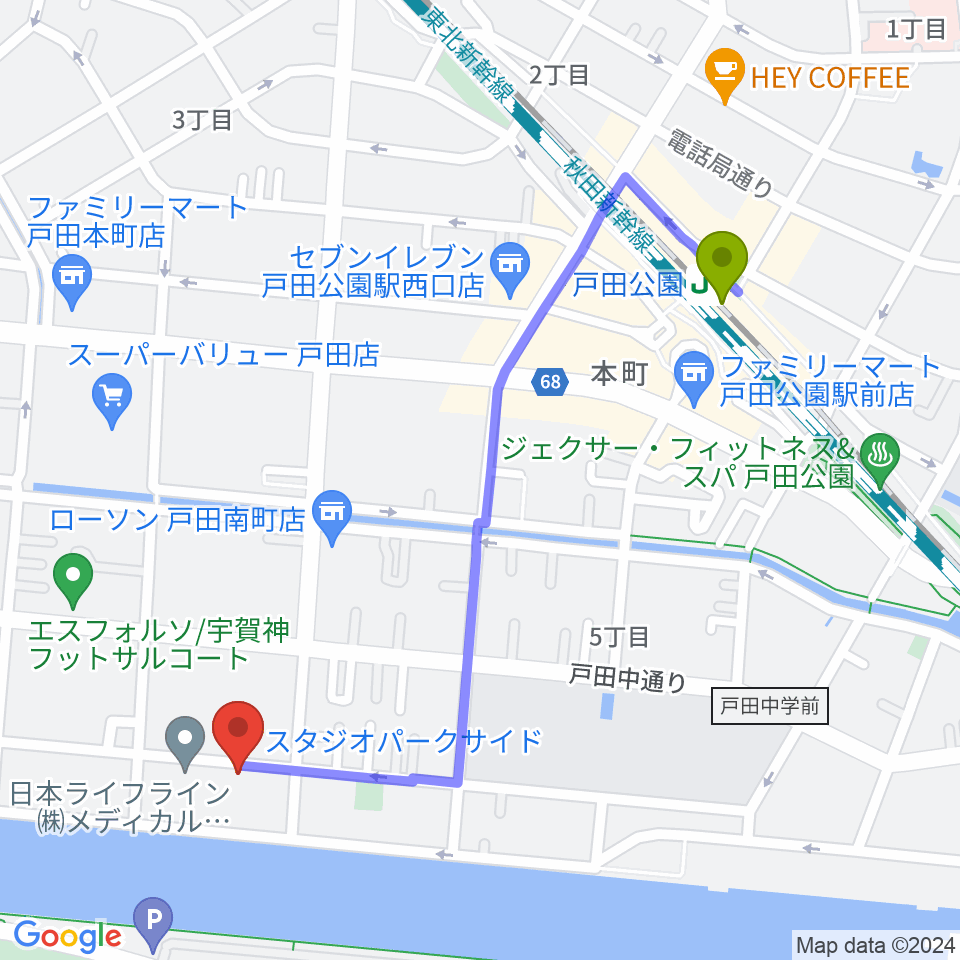 スタジオパークサイドの最寄駅戸田公園駅からの徒歩ルート（約11分）地図