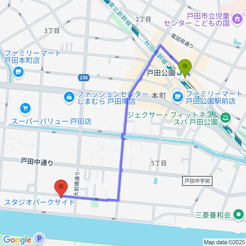 スタジオパークサイドの最寄駅戸田公園駅からの徒歩ルート（約11分）地図