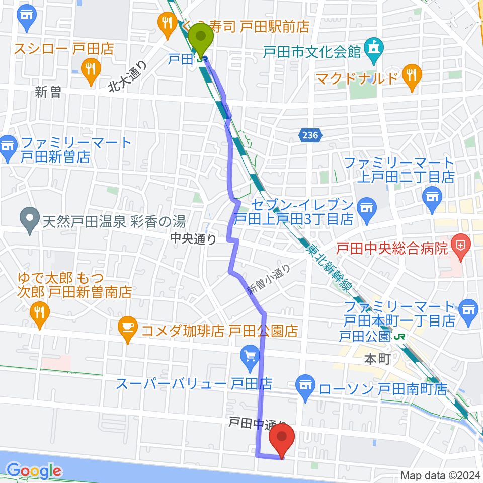 戸田駅からスタジオパークサイドへのルートマップ地図