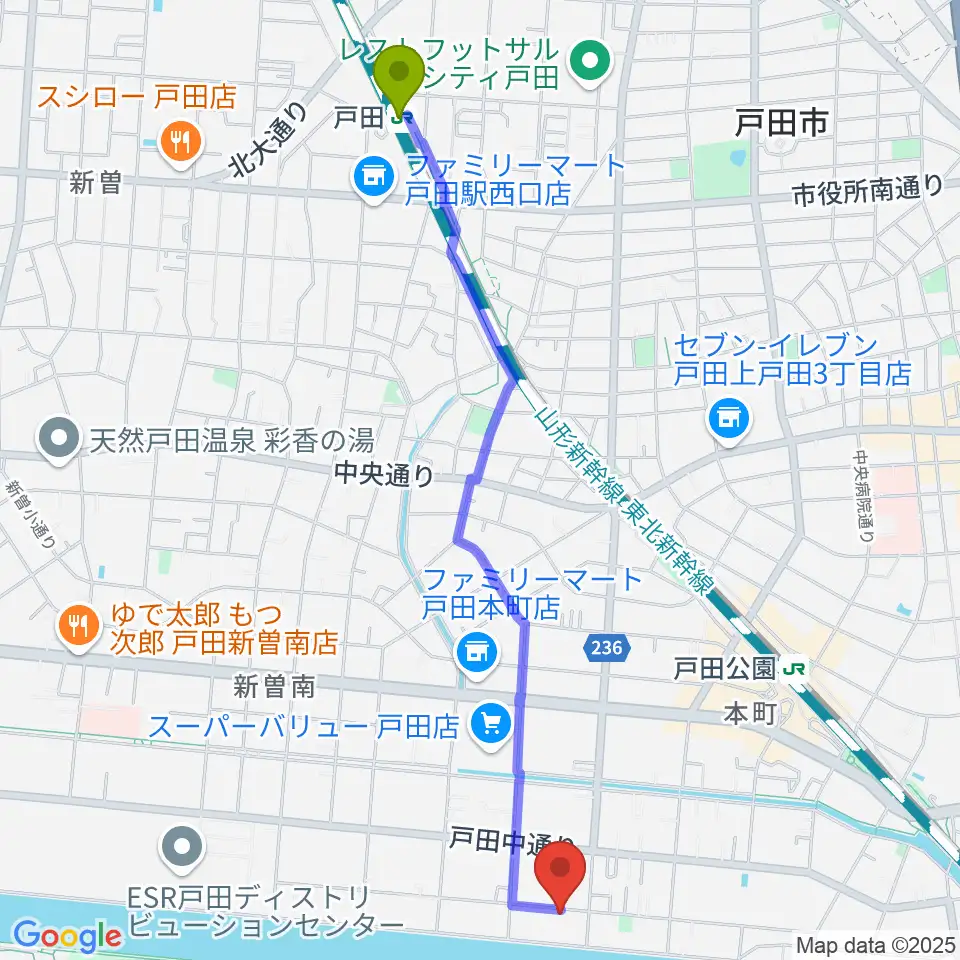 戸田駅からスタジオパークサイドへのルートマップ地図