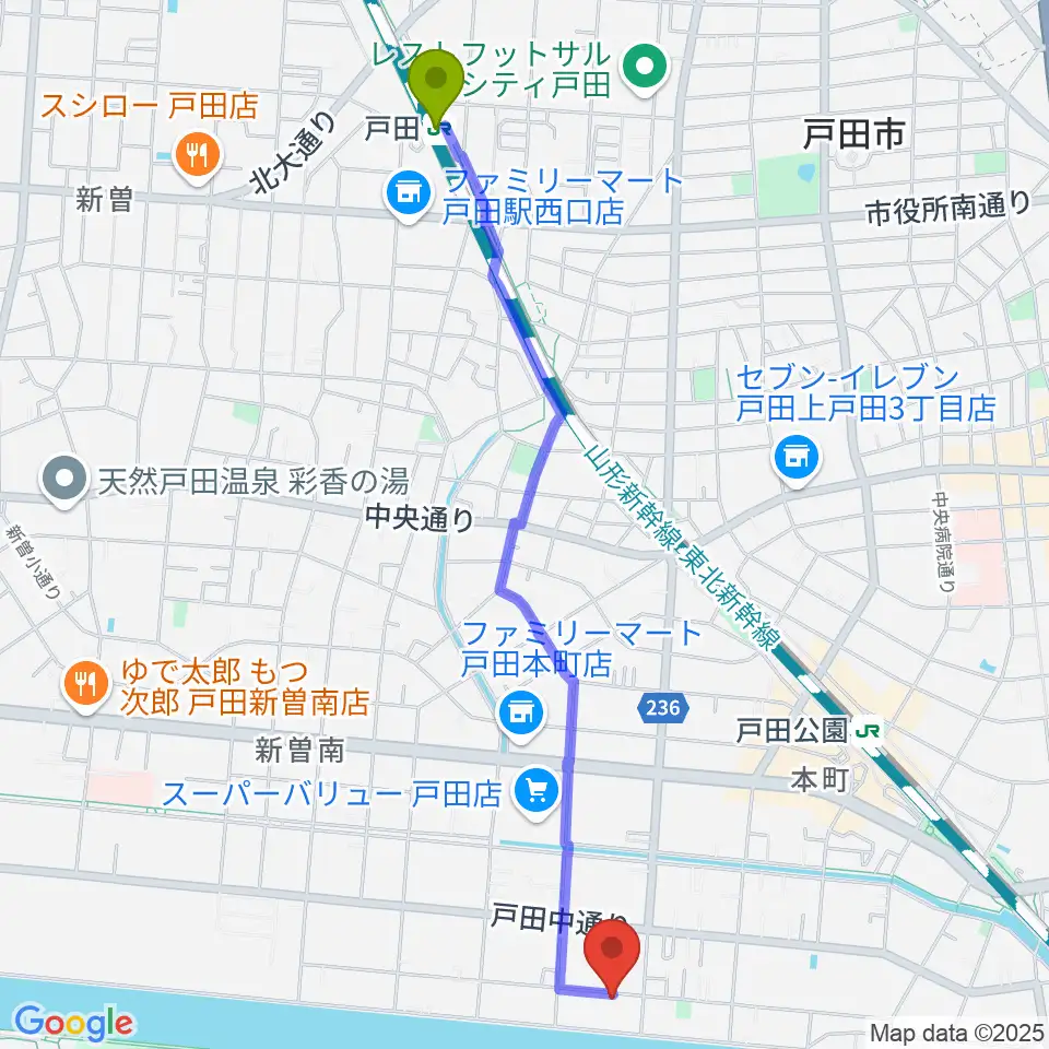 戸田駅からスタジオパークサイドへのルートマップ地図