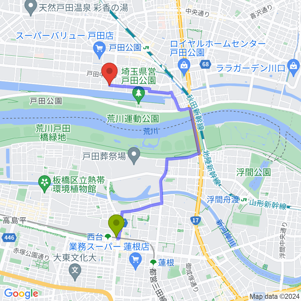 西台駅からスタジオパークサイドへのルートマップ地図