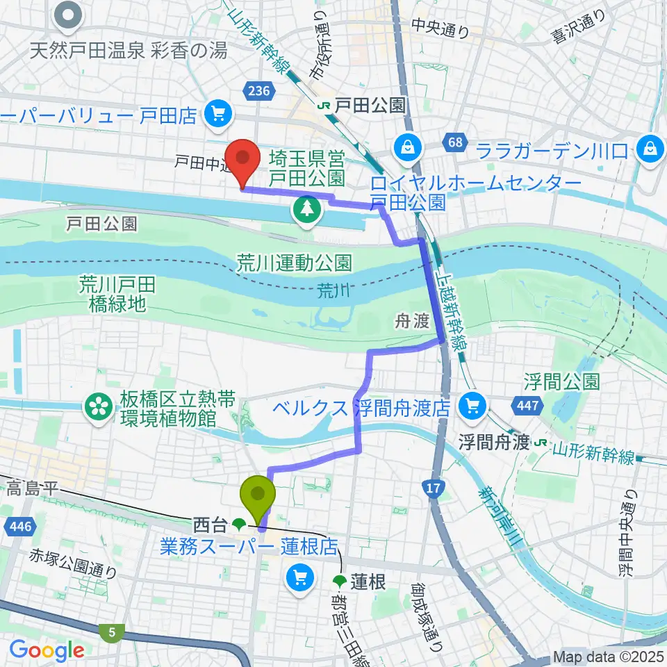 西台駅からスタジオパークサイドへのルートマップ地図