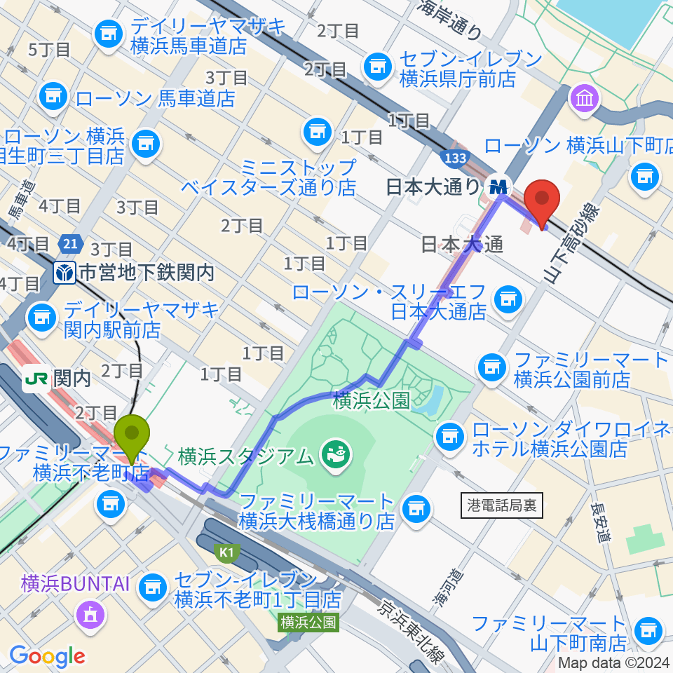 関内駅から横浜ユーラシア文化館へのルートマップ地図