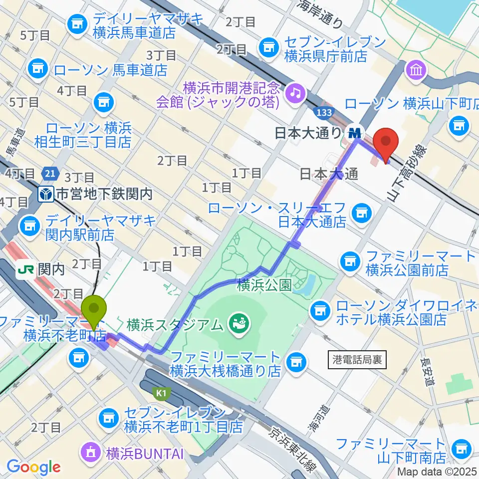 関内駅から横浜ユーラシア文化館へのルートマップ地図