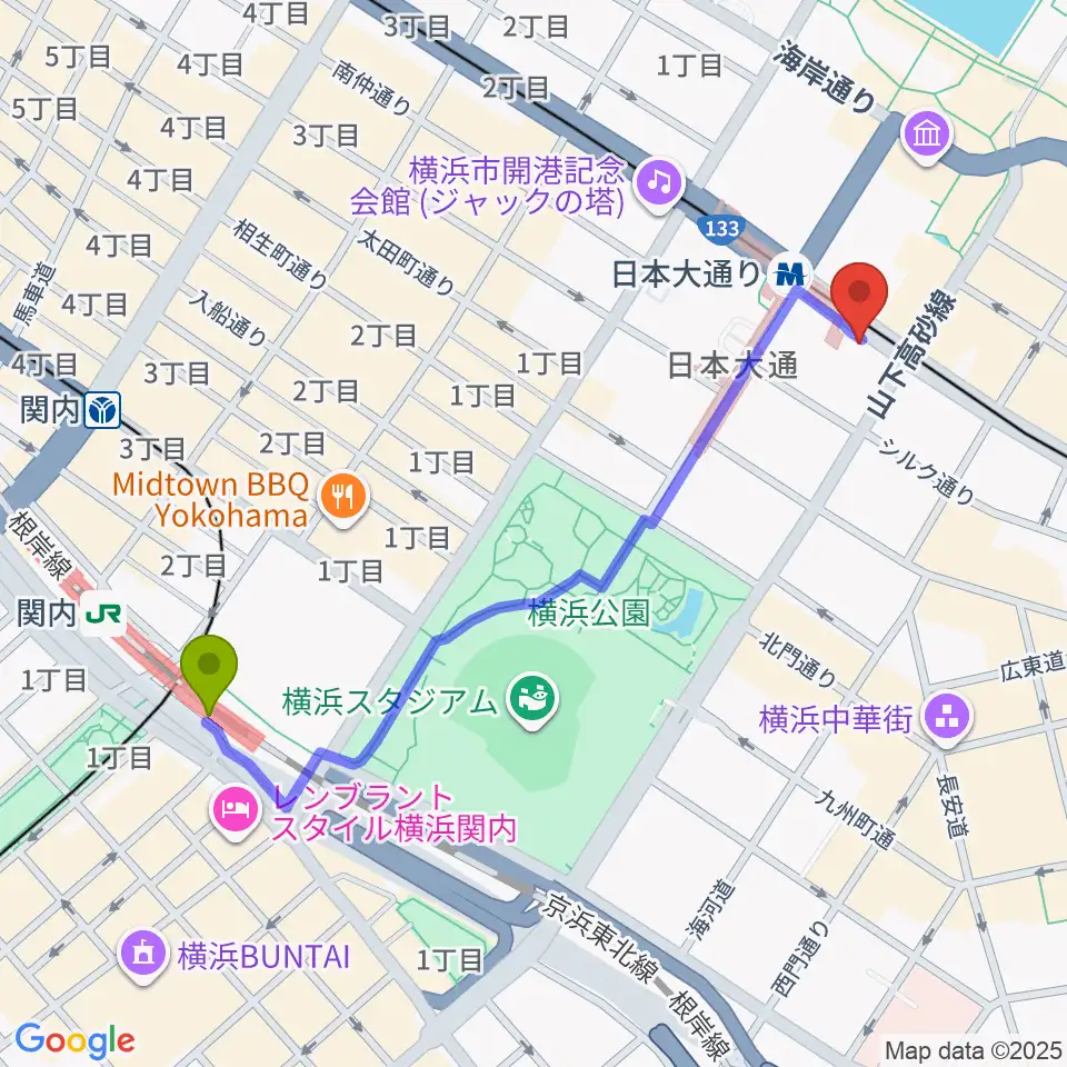 関内駅から横浜ユーラシア文化館へのルートマップ地図