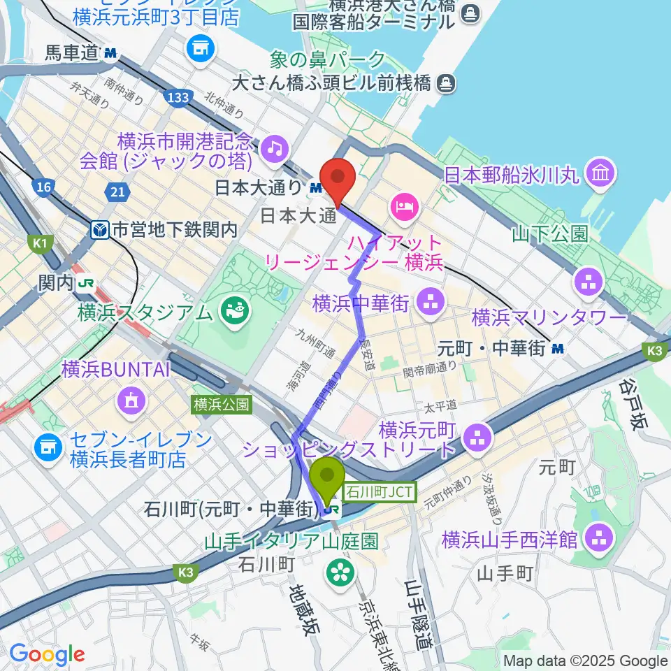 石川町駅から横浜ユーラシア文化館へのルートマップ地図