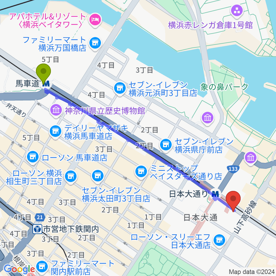 馬車道駅から横浜ユーラシア文化館へのルートマップ地図