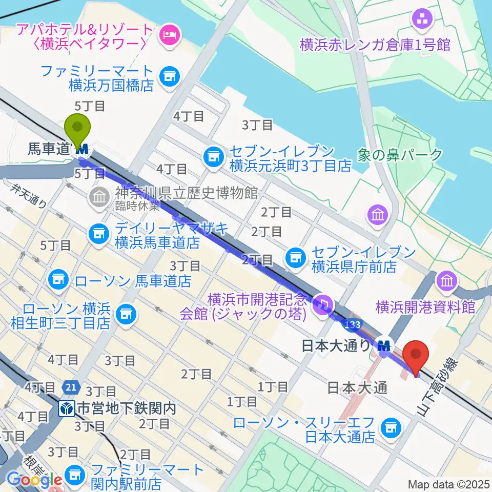 馬車道駅から横浜ユーラシア文化館へのルートマップ地図