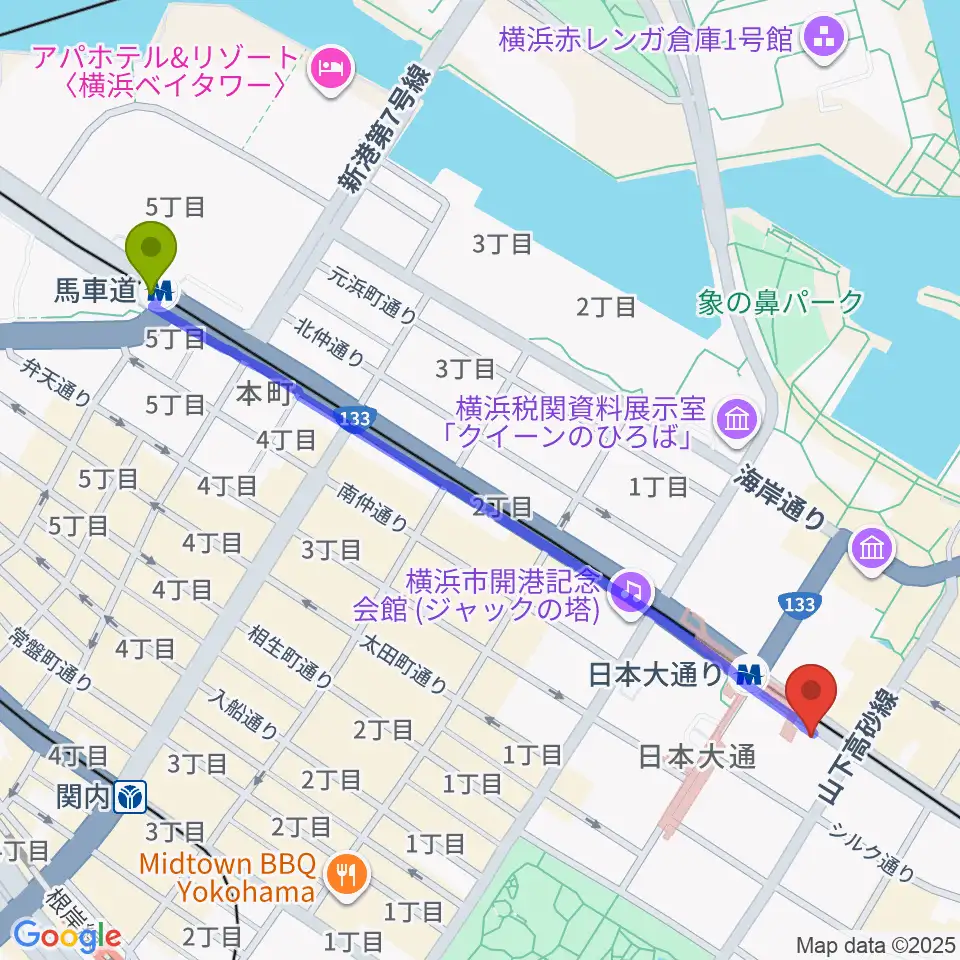馬車道駅から横浜ユーラシア文化館へのルートマップ地図