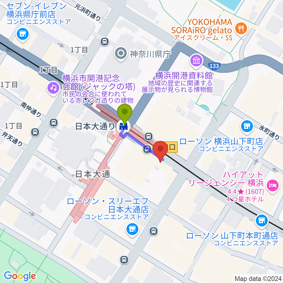 横浜ユーラシア文化館の最寄駅日本大通り駅からの徒歩ルート（約1分）地図