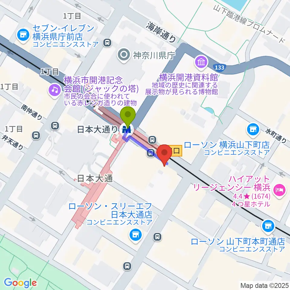 横浜ユーラシア文化館の最寄駅日本大通り駅からの徒歩ルート（約1分）地図