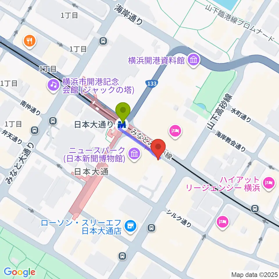 横浜ユーラシア文化館の最寄駅日本大通り駅からの徒歩ルート（約1分）地図