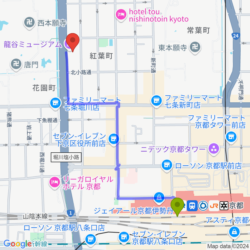 龍谷ミュージアムの最寄駅京都駅からの徒歩ルート（約12分）地図