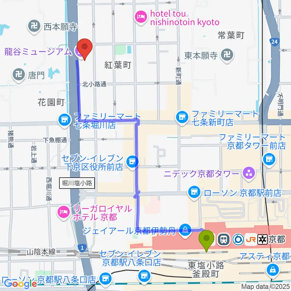 龍谷ミュージアムの最寄駅京都駅からの徒歩ルート（約12分）地図