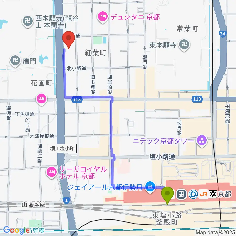 龍谷ミュージアムの最寄駅京都駅からの徒歩ルート（約12分）地図