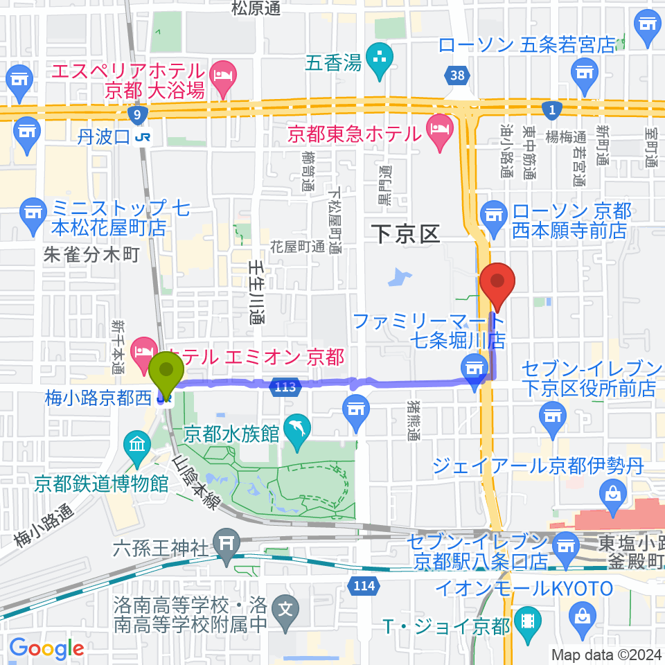 梅小路京都西駅から龍谷ミュージアムへのルートマップ地図