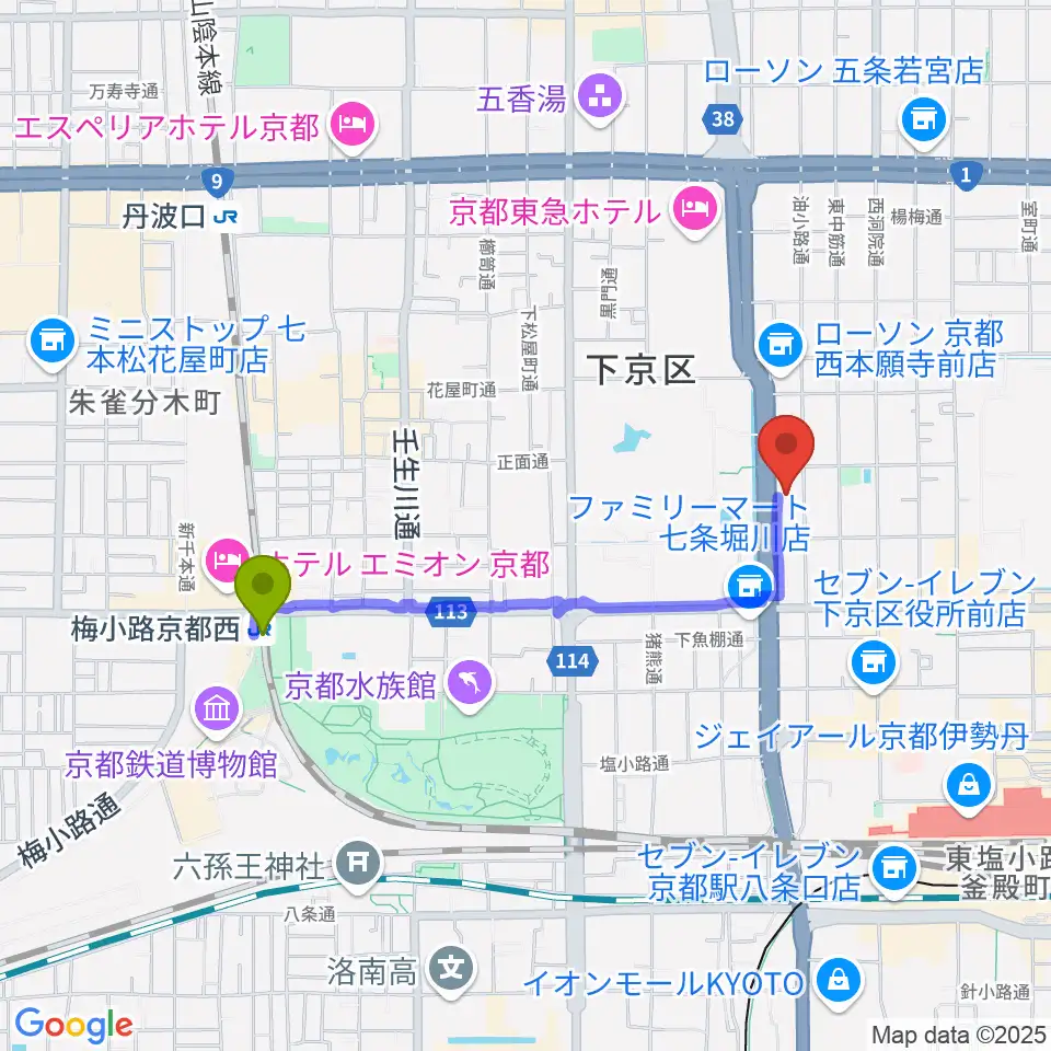 梅小路京都西駅から龍谷ミュージアムへのルートマップ地図