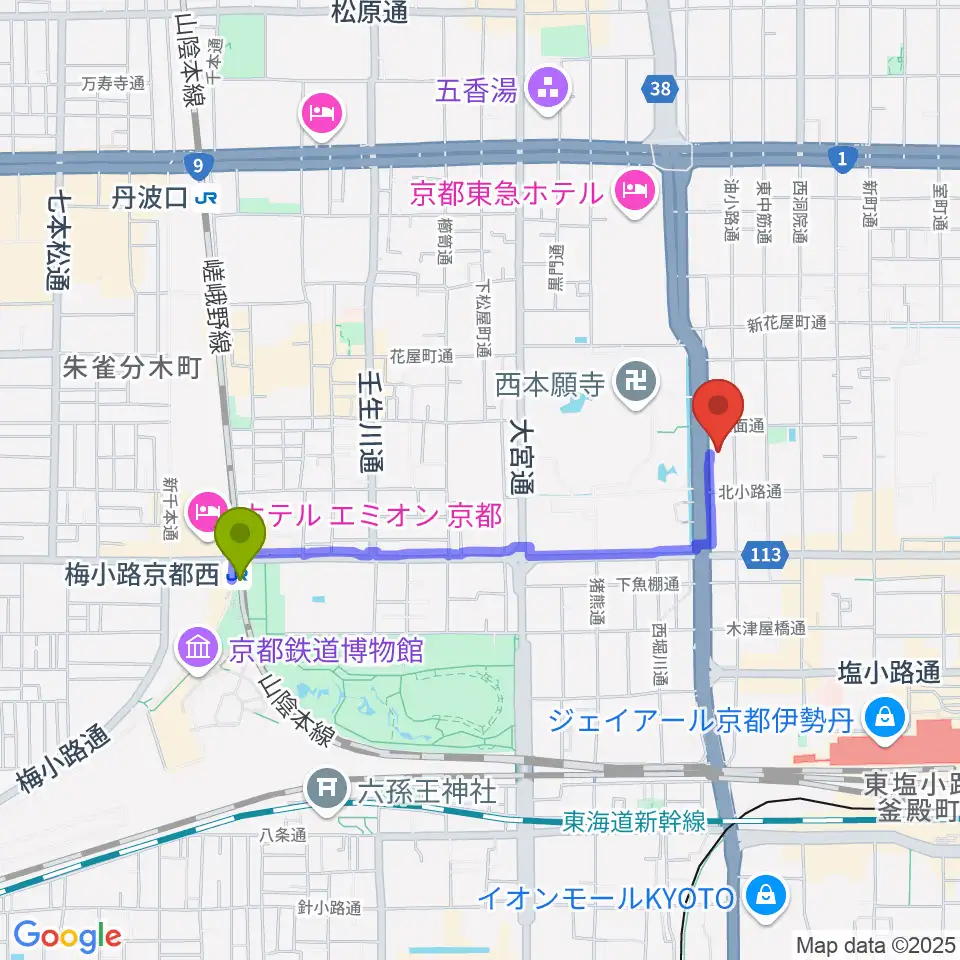 梅小路京都西駅から龍谷ミュージアムへのルートマップ地図